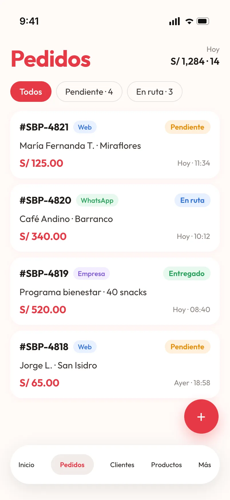 Order list in the management app, with sample data.