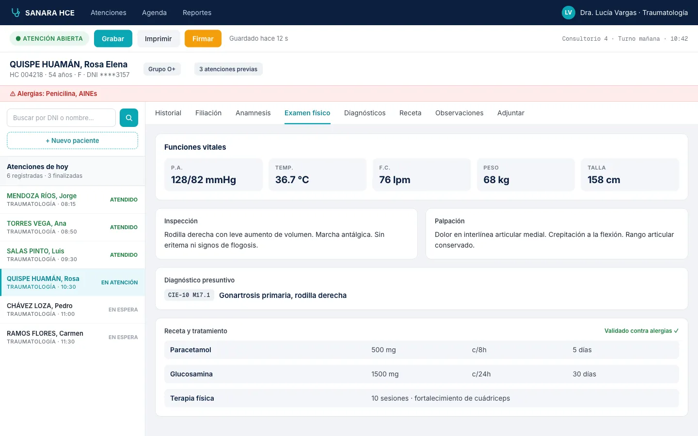 A visit in progress with the patient's data, allergies and the visit tabs.