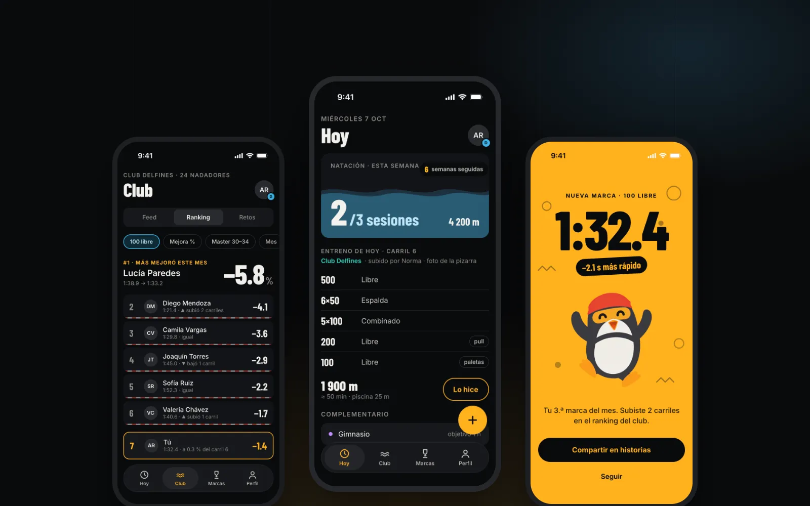 Three Carril app screens showing the club, today's workout and a new personal best.