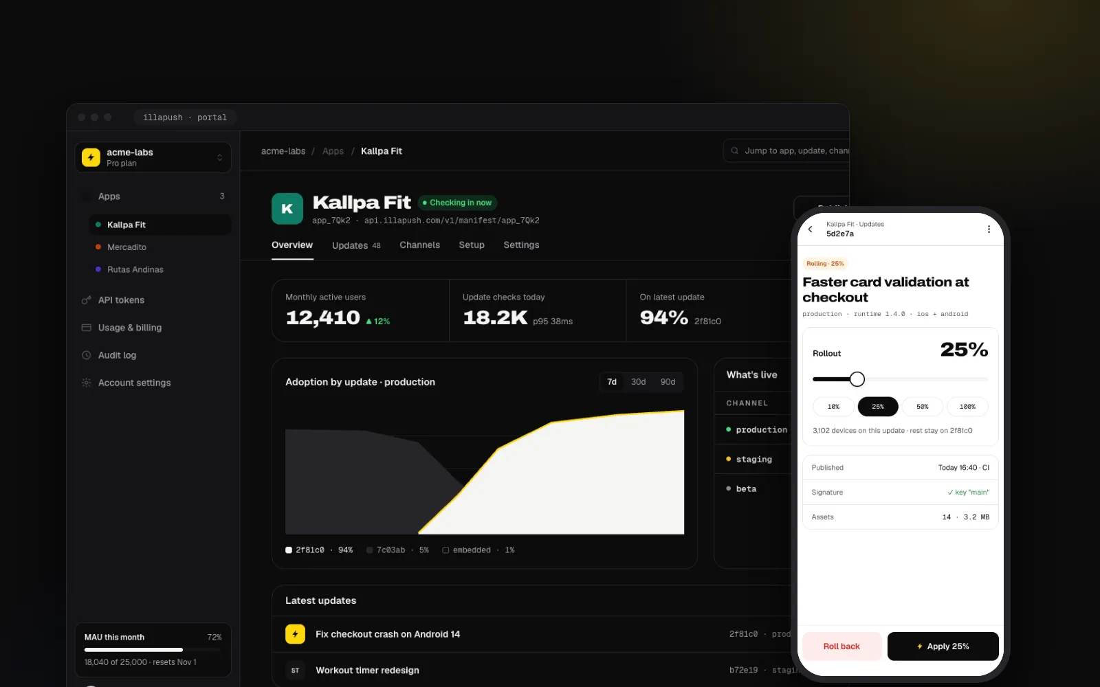 Illapush portal with an update's adoption and the mobile view of a rollout.