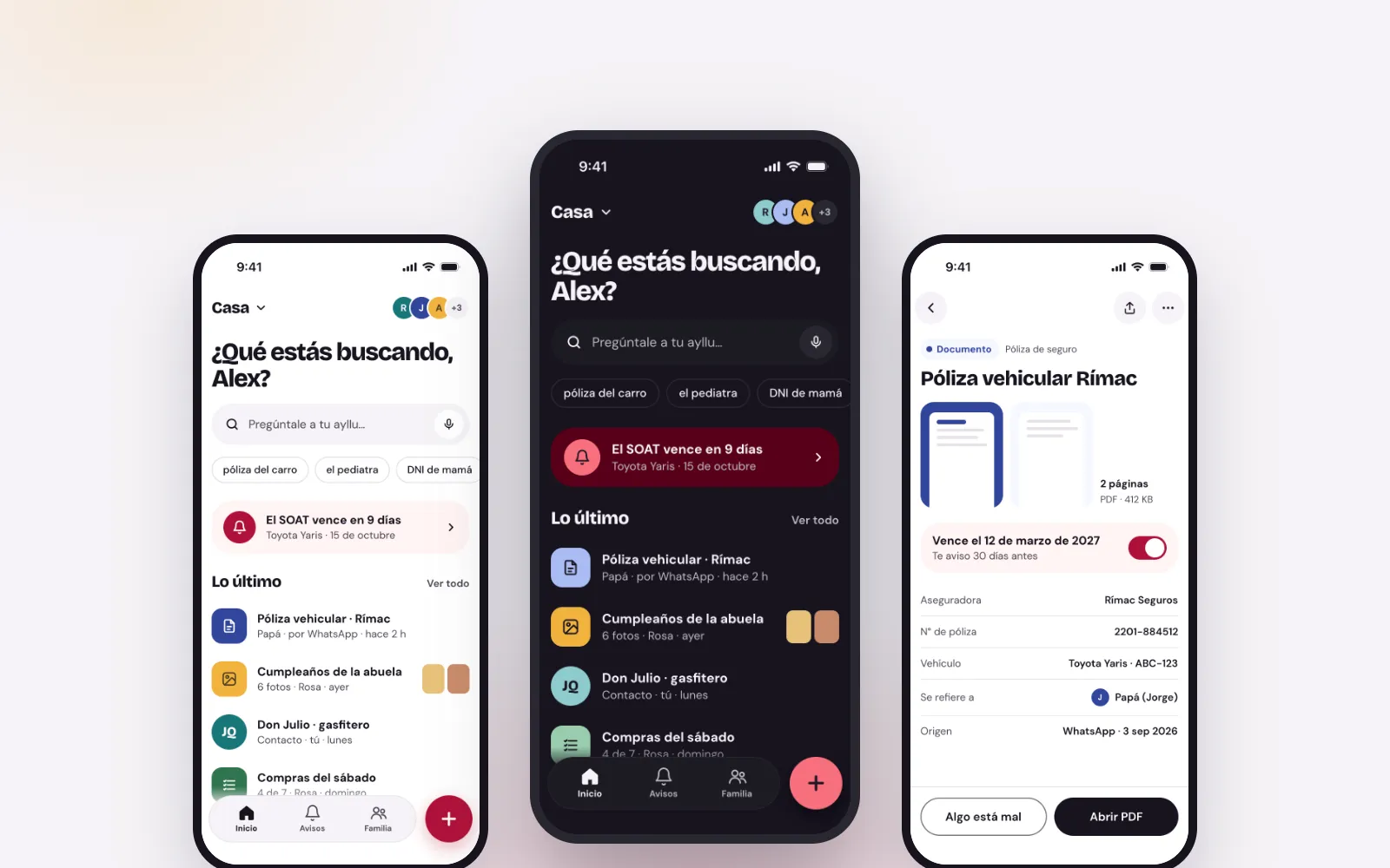 Ayllu app screens in light and dark mode showing the family archive.