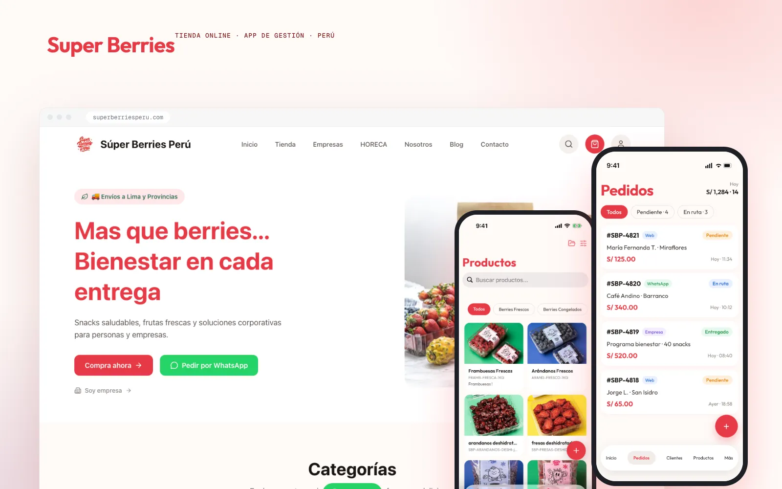 Super Berries web store and the order management app on a phone.