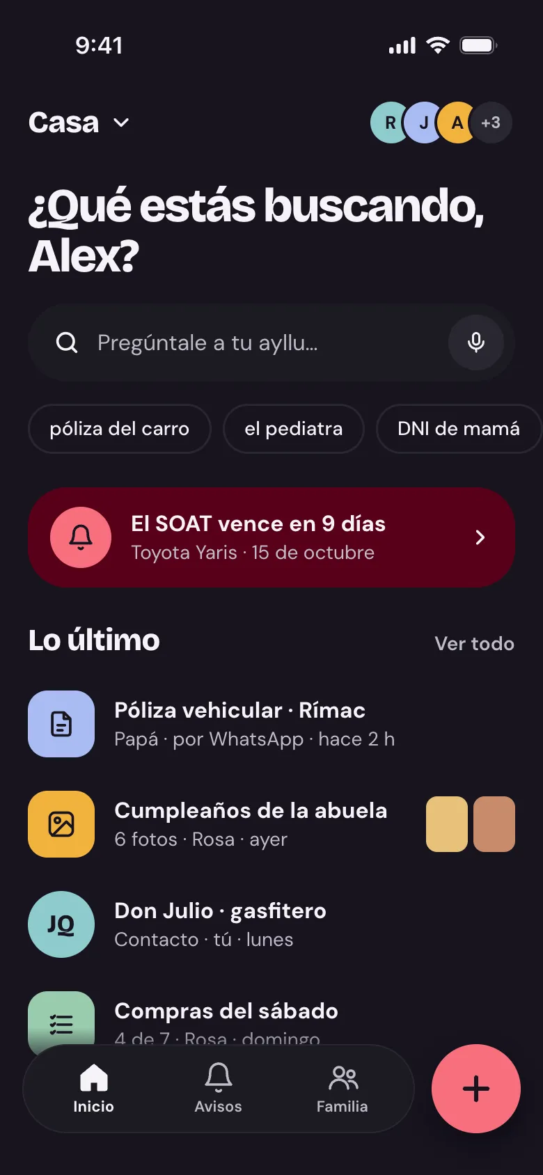 Ayllu home in dark mode.