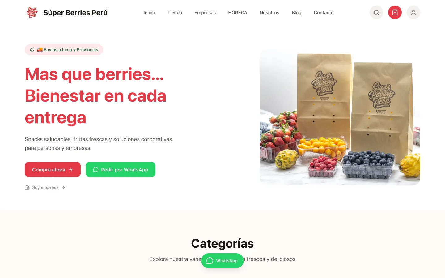Super Berries web store home page with sample data.